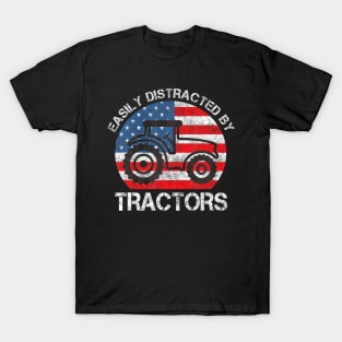 Easily Distracted by Tractors for Patriotic Farmer Vintage T-Shirt